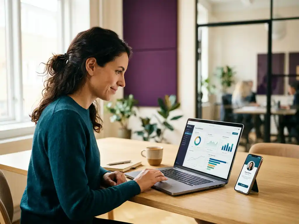 Säljare granskar pipeline-mätvärden på laptop vid minimalistiskt skandinaviskt skrivbord med smartphone och digitalt kontaktkort i förgrunden.
