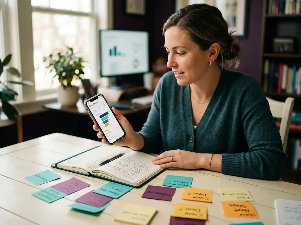 Säljare granskar pipeline-dashboard på smartphone vid skrivbord med sticky notes och anteckningsbok i teal och lila toner.