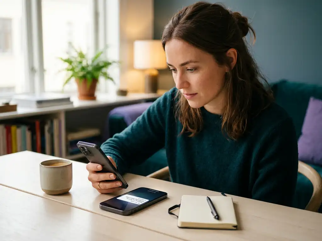 Professionell person granskar smartphoneavisering vid minimalistiskt skandinaviskt skrivbord med keramikmugg och anteckningsbok.