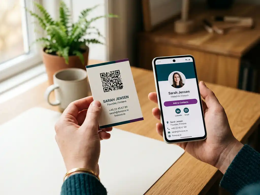 Händer håller ett premium visitkort med QR-kod, med smartphone som visar digital kontaktsida, i naturligt sidoljus.