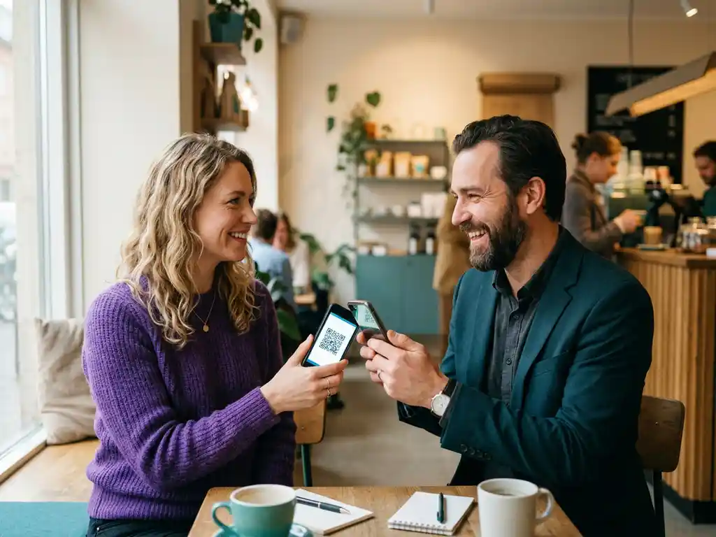 Två personer utbyter kontaktuppgifter via QR-kod på smartphone i ljust skandinaviskt café.