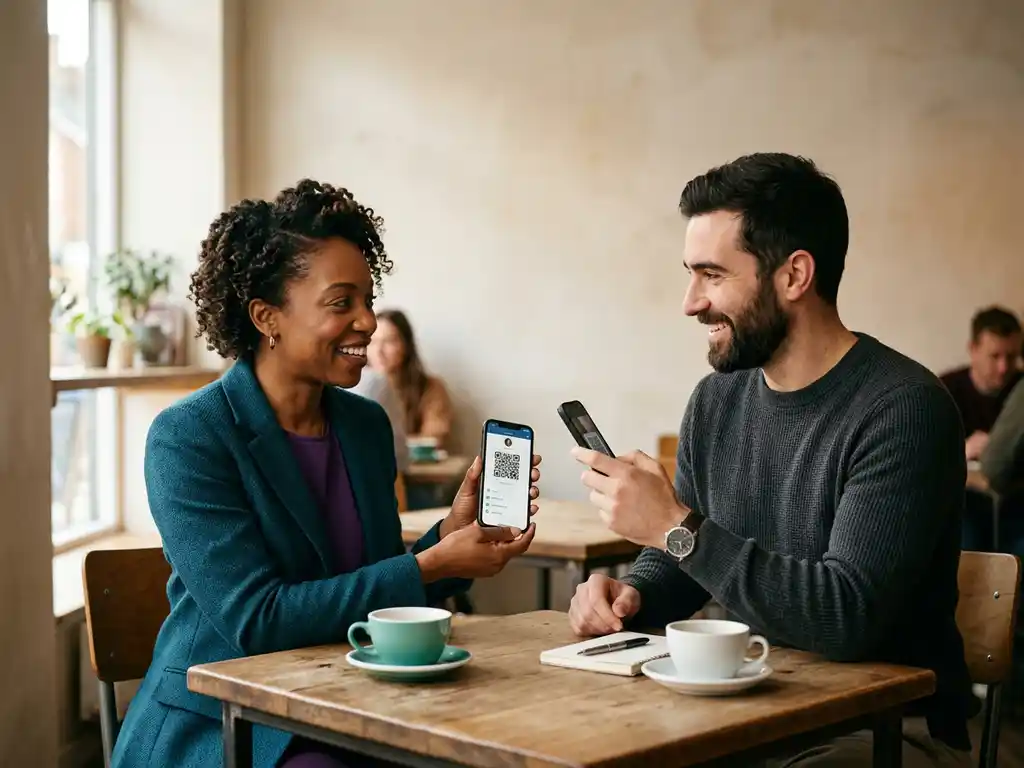 Två kollegor delar kontaktuppgifter via QR-kod på smartphone vid ett kafébord i naturligt fönsterljus.