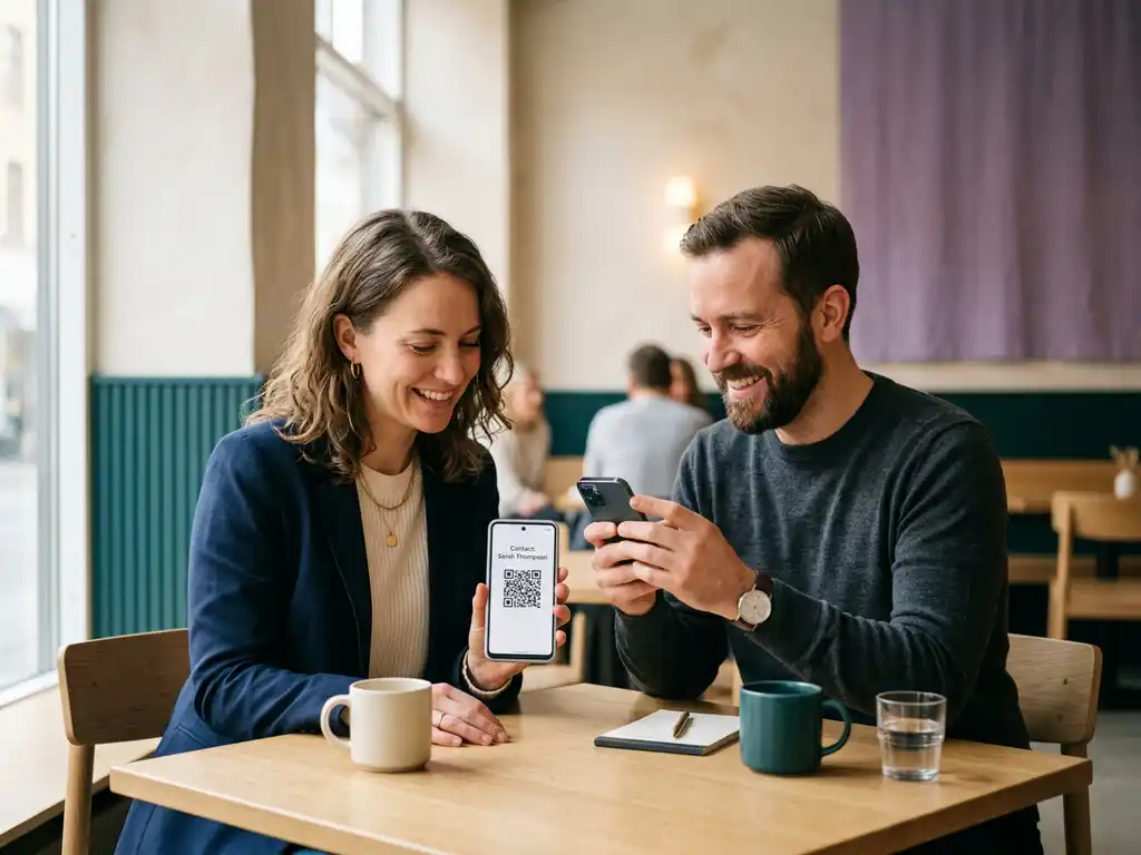 Två kollegor utbyter kontaktuppgifter via QR-kod på smartphone vid ett minimalistiskt cafébordsäte i varmt naturligt ljus.