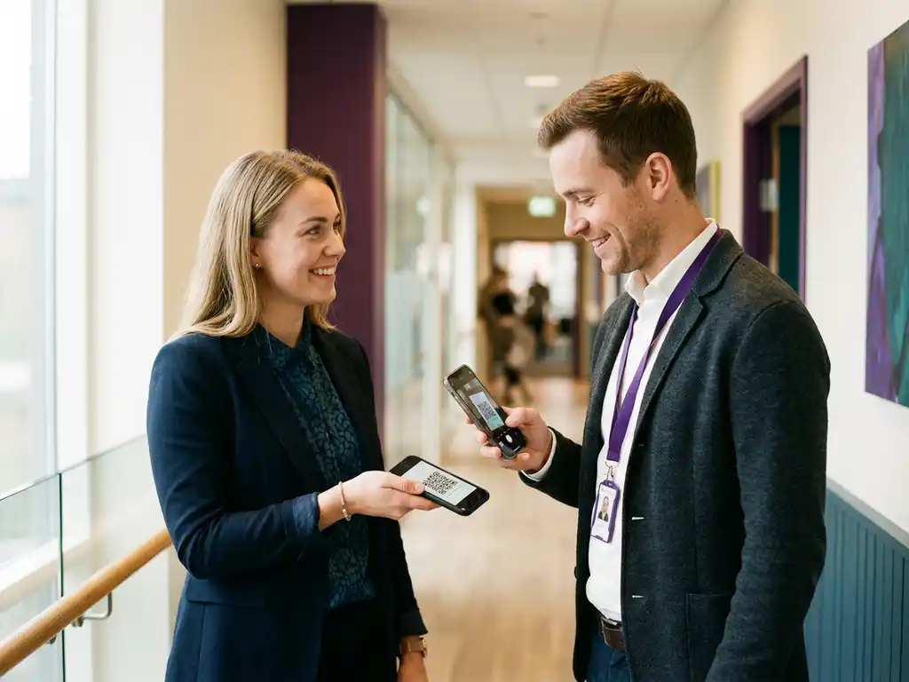 Säljare delar kontaktuppgifter via QR-kod på smartphone med kollega i kontorskorridor, naturligt ljus.