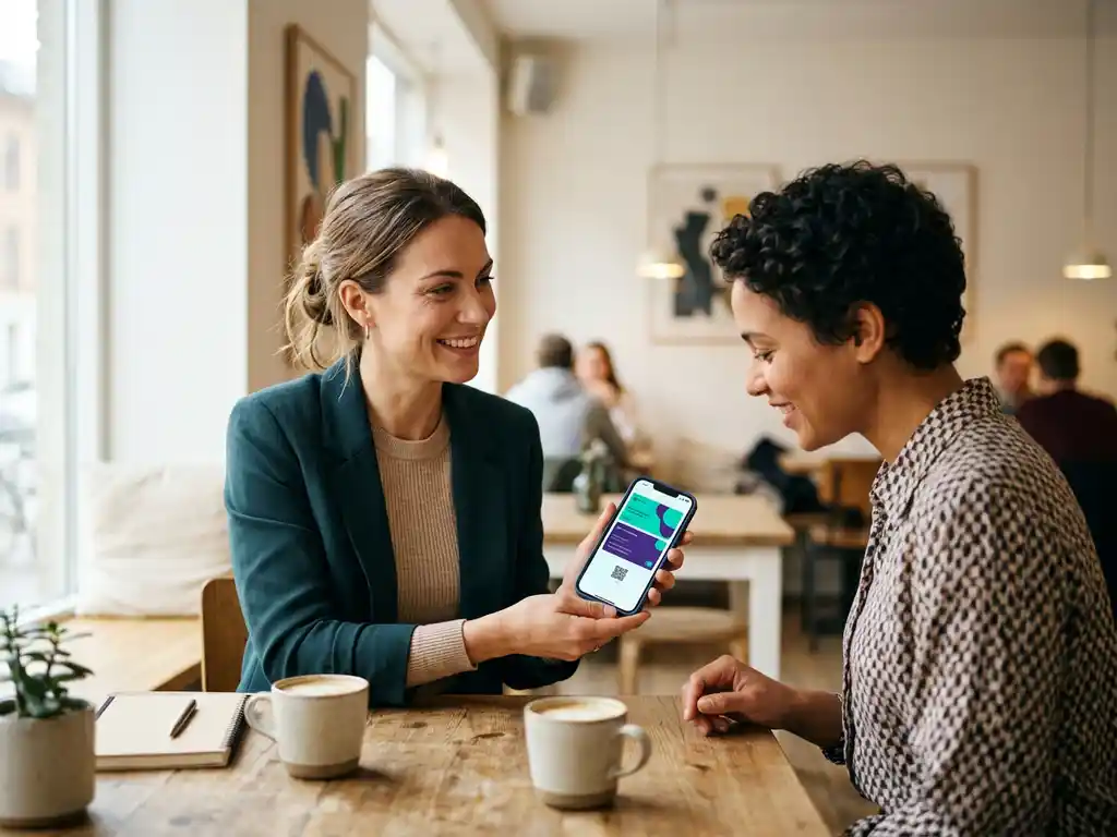 Två personer delar kontaktuppgifter via smartphone på ett ljust skandinaviskt café med varmt naturligt fönsterljus.