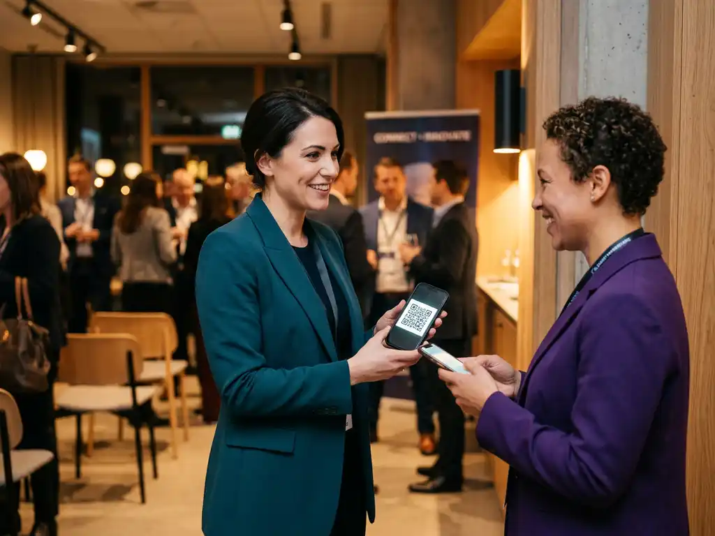 Kvinna delar QR-kod på smartphone med kollega under nätverksevent i skandinavisk konferenslokal med teal och violetta accenter.