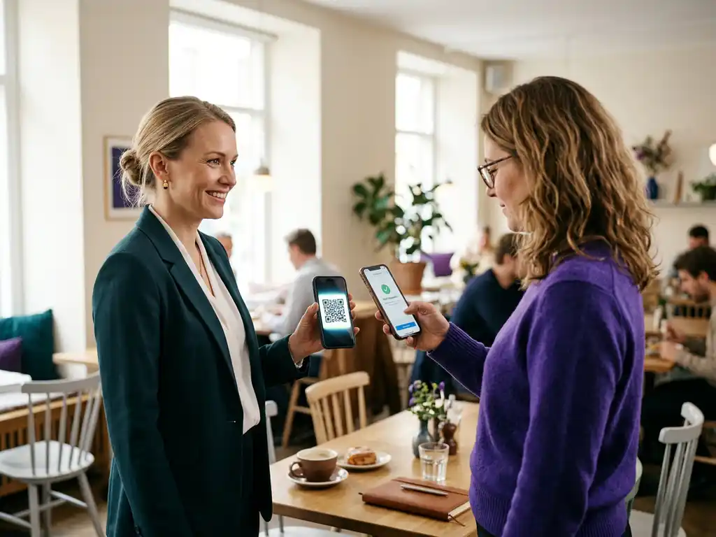 Kvinna delar QR-kod via smartphone med kollega på ljust skandinaviskt kafé i avslappnat, naturligt ögonblick.