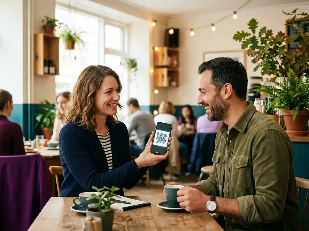 Professionell person visar en glödande QR-kod på smartphone i ett skandinaviskt café med teal och lila toner.