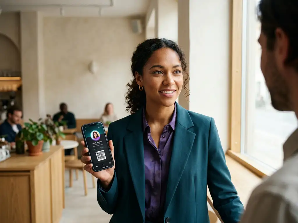 Självsäker person i modernt kafé visar digitalt visitkort på smartphone i varmt naturligt sidoljus.