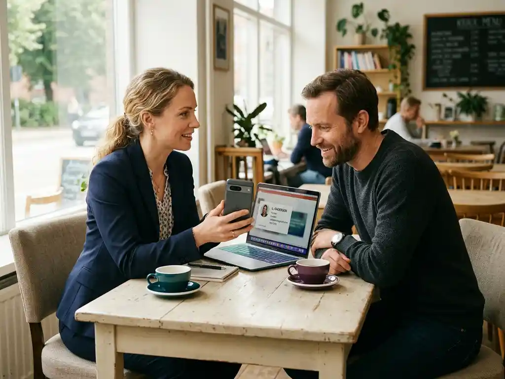 Kvinna och man i skandinaviskt café delar digitalt visitkort via smartphone under affärsmöte vid ljust fönster.