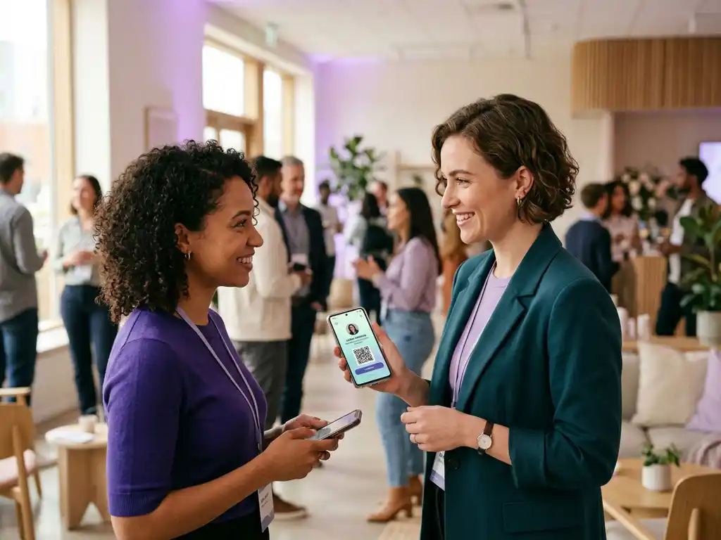 Kvinna delar digitalt visitkort via smartphone på modernt nätverksevent med avslappnad konferensatmosfär.