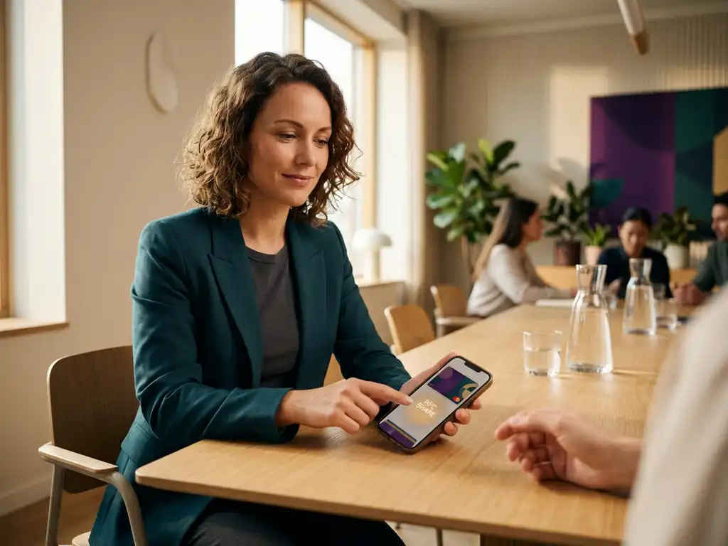 Affärsperson delar digitalt visitkort via smartphone i minimalistiskt skandinaviskt konferensrum med teal och violetta toner.