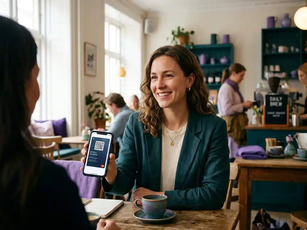 Professionell person delar kontaktuppgifter via digitalt visitkort på smartphone i ljust skandinaviskt café.