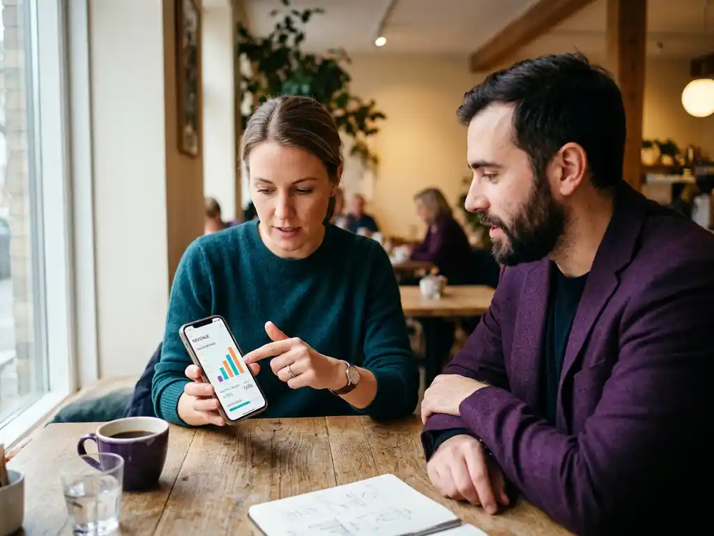 Affärsperson granskar försäljningsstatistik på smartphone vid kafébord medan kollega lutar sig in i samtal.