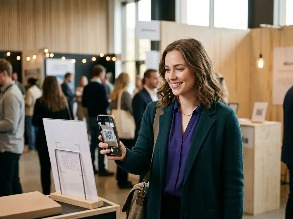 Ung yrkesperson skannar QR-kod med smartphone på karriärmässa, omgiven av besökare och montrar i teal och violett.