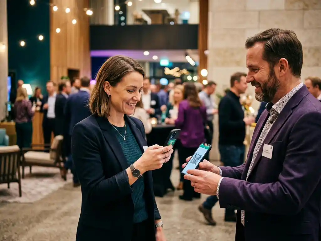 Kvinna skannar QR-kod på smartphone i modernt skandinaviskt evenemangsutrymme med mjuk teal- och violettbelysning.