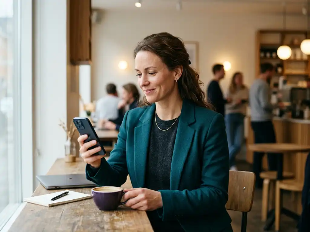 Kvinna ler mot sin telefon efter nätverksmöte, nytt kontakt sparat, varmt kafékafé i bakgrunden med teal och violetta toner.