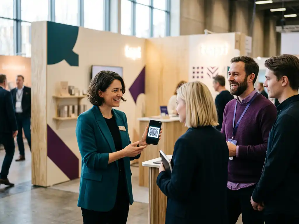 Säljteam vid mässmonter visar QR-kod på smartphone för besökare, naturligt fönsterljus och teal-violetta accenter.