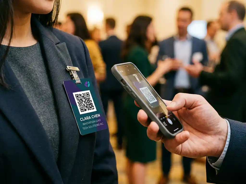 Namnbricka med QR-kod på kavajslag vid nätverksevent, person håller upp telefon för att skanna, suddig bakgrund med deltagare.