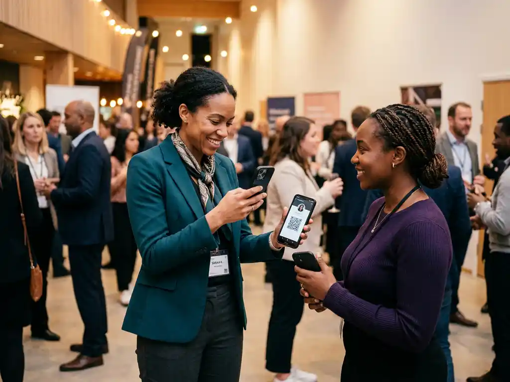 Kvinna skannar QR-kod på nätverksevent i modernt skandinaviskt konferensrum med teal och violetta toner.