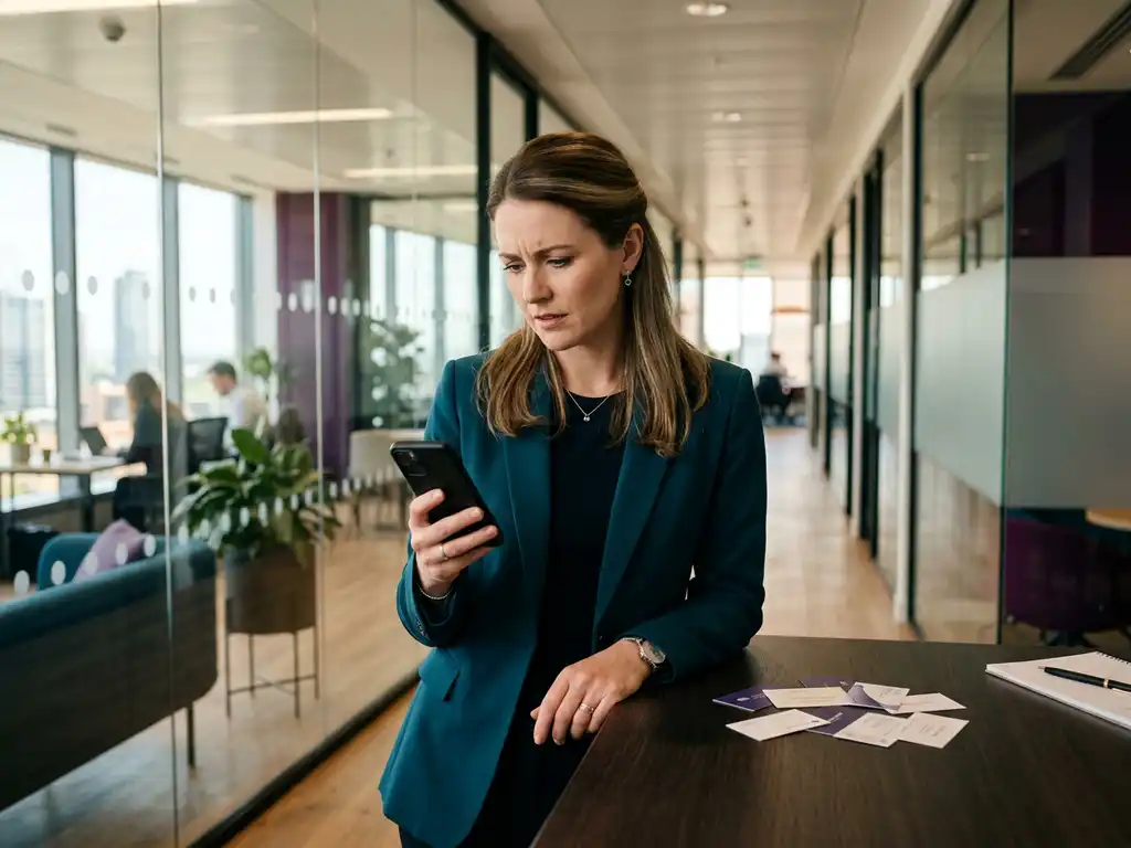 Affärskvinna granskar sin telefon med orolig min i glaskorridorkontor, visitkort ligger orörda på skrivbordet i förgrunden.