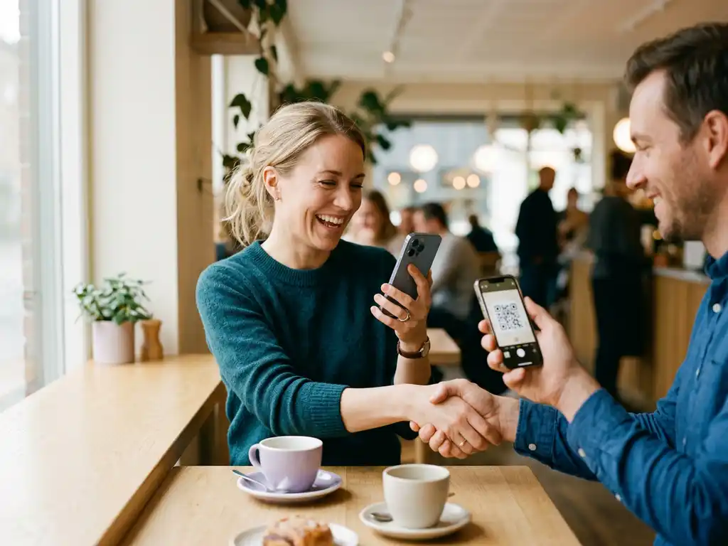 Leende person skannar QR-kod på kollegans skärm efter handslag, ljust skandinaviskt café med kaffekoppar och naturligt fönsterljus.