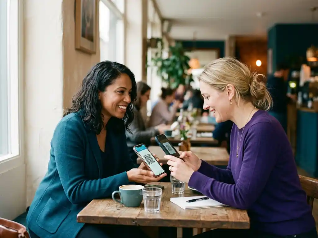 Två personer på café utbyter kontaktuppgifter via QR-kod på smartphone i varmt naturligt ljus.