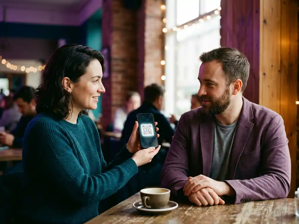 Person håller smartphone med lysande QR-kod mot någon i ett varmt upplyst kafé, djupa teal- och violettoner, naturligt fönsterljus.