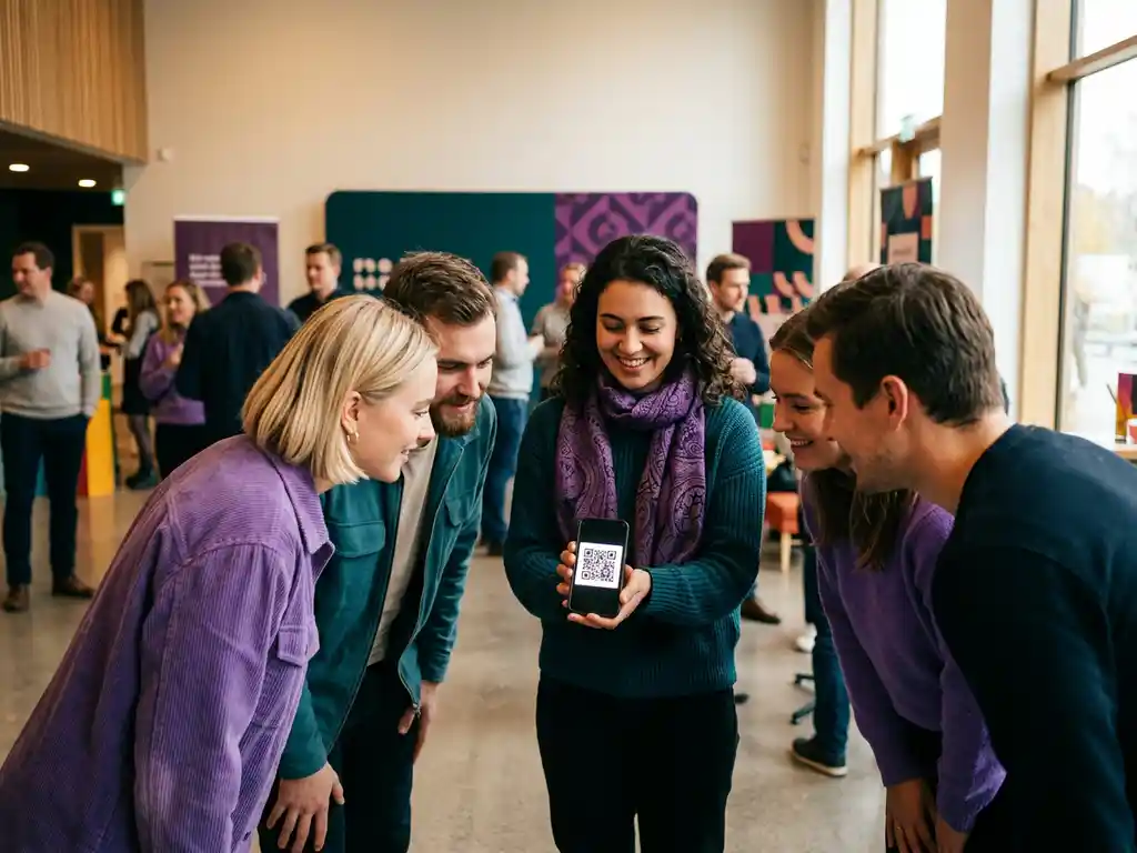 Person håller smartphone med lysande QR-kod på ett popup-event, besökare lutar sig nyfiket in, skandinavisk interiör med teal och violetta accenter.