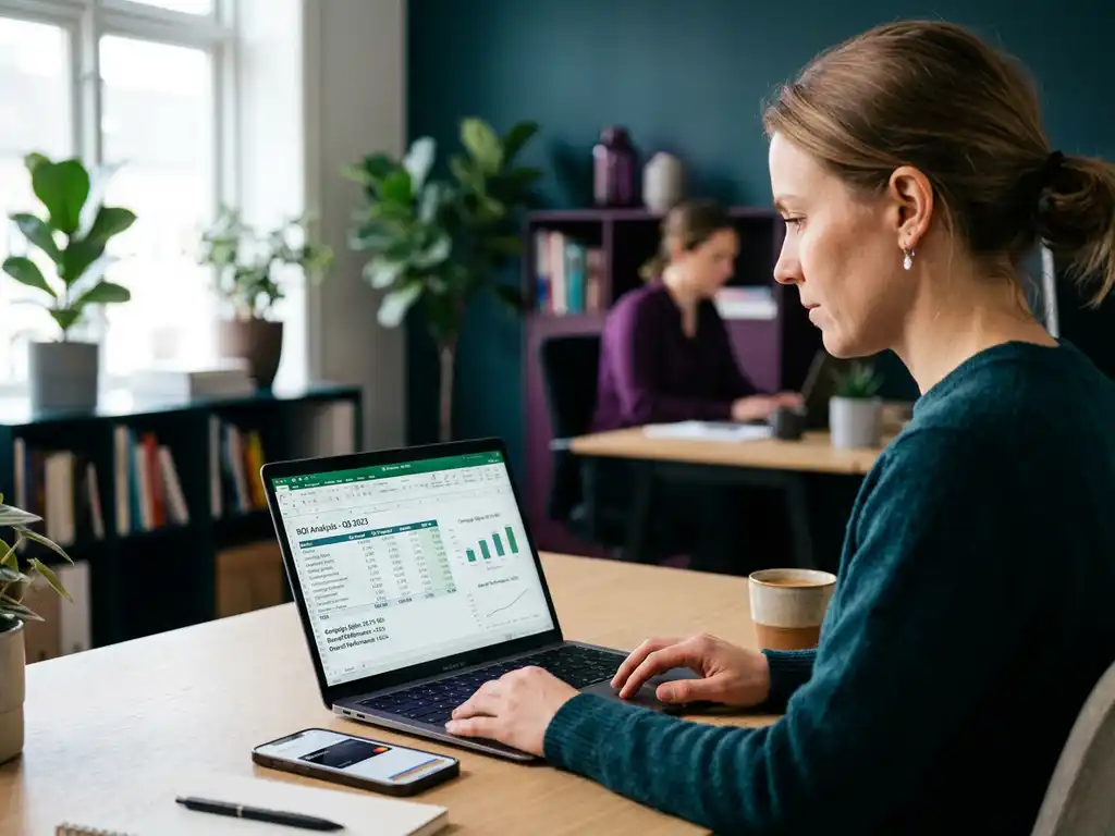 Affärsperson i skandinaviskt kontor granskar ROI-kalkylblad på laptop bredvid smartphone med digitalt plånbokskort.
