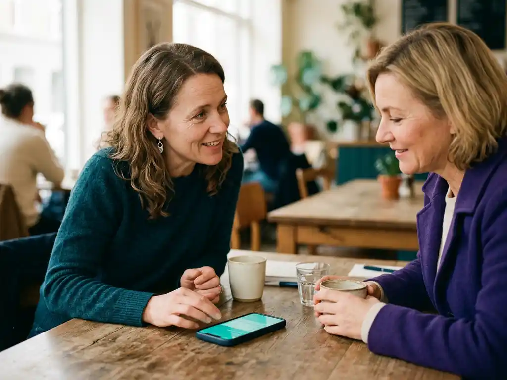 Säljare lutar sig engagerat mot klient vid minimalistiskt caféboard med smartphone på bordet, mjukt sidoljus, skandinavisk atmosfär.