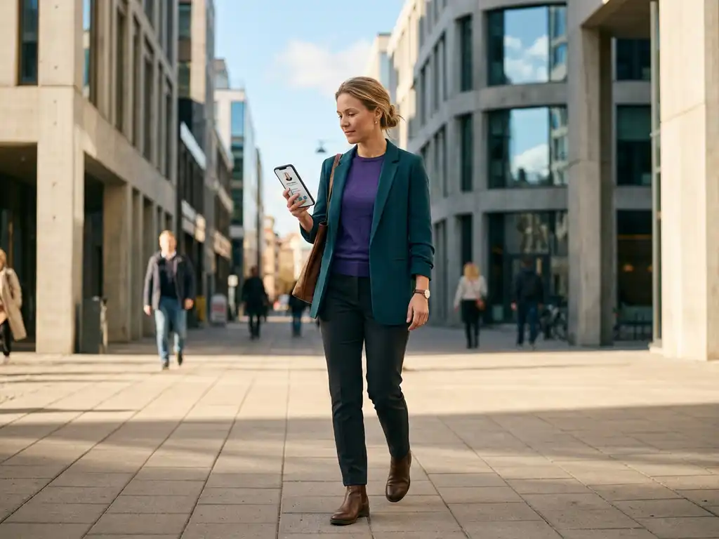 Säljare i rörelse på stadsgata granskar digital visitkort på smartphone i varmt solljus med teal och violetta toner.