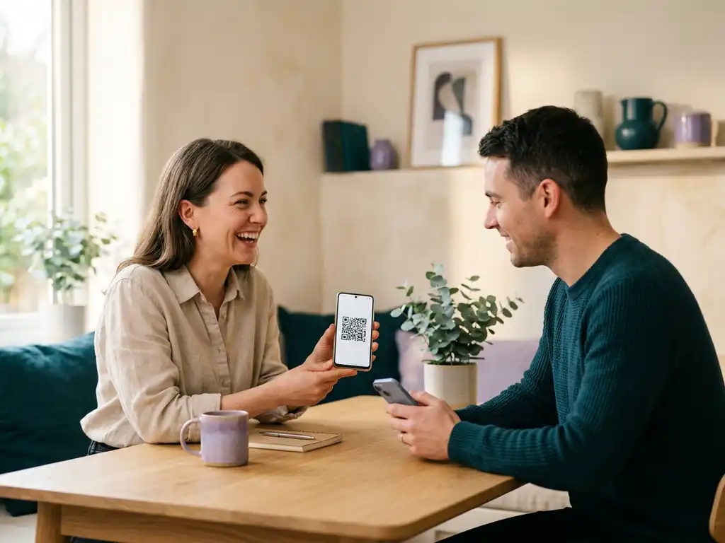 Företagare delar kontaktuppgifter via QR-kod på smartphone med en person vid minimalistiskt skandinaviskt träskrivbord.